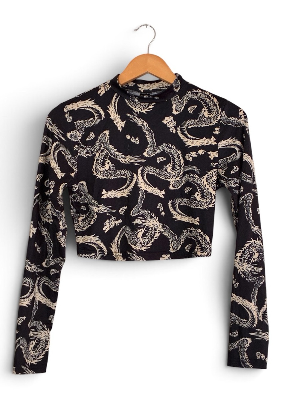 Shein | Printed black and cream mock neck long sleeve crop top size medium